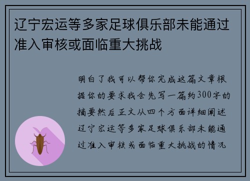 辽宁宏运等多家足球俱乐部未能通过准入审核或面临重大挑战 辽宁宏运等多家足球俱乐部未能通过准入审核或面临重大挑战