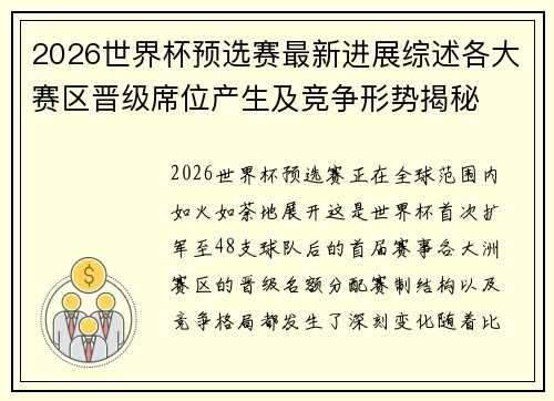 2026世界杯预选赛最新进展综述各大赛区晋级席位产生及竞争形势揭秘 2026世界杯预选赛最新进展综述各大赛区晋级席位产生及竞争形势揭秘