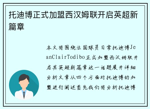 托迪博正式加盟西汉姆联开启英超新篇章