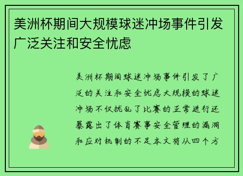 美洲杯期间大规模球迷冲场事件引发广泛关注和安全忧虑 美洲杯期间大规模球迷冲场事件引发广泛关注和安全忧虑