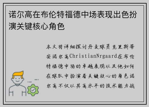 诺尔高在布伦特福德中场表现出色扮演关键核心角色 诺尔高在布伦特福德中场表现出色扮演关键核心角色